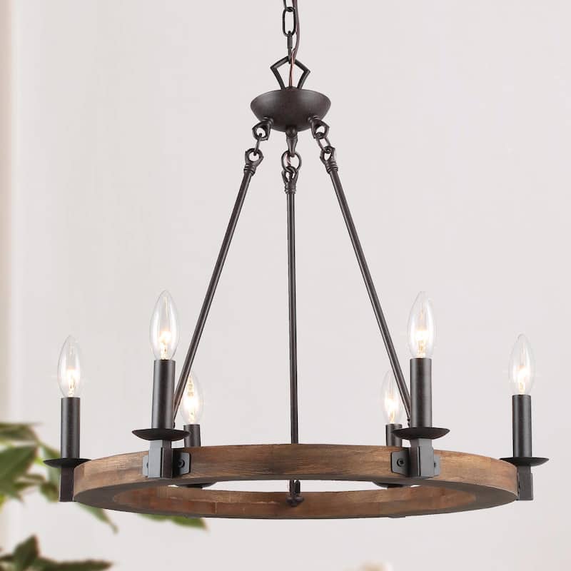 The Gray Barn Farmhouse 6-Light Wagon Wheel Wood Chandelier for Dining Room