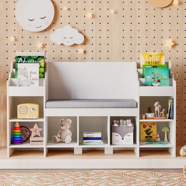 slide 2 of 6, Furniwell Kids Bookshelf with Reading Nook, 2 Seats Wooden Storage Organizer, White White
