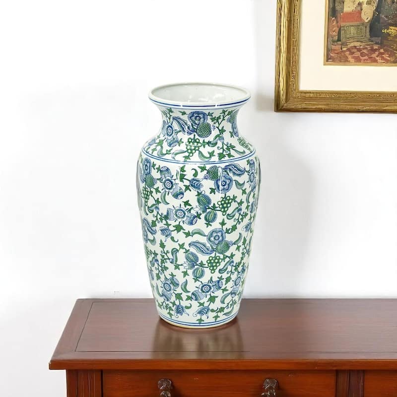 24" White Blue And Green And White Chinoiserie Porcelain Table Vase - 12.00 - Green/White/Blue - 12.00