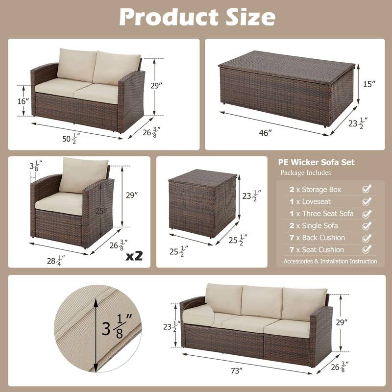 AECOJOY 7-Pieces Patio Sectional Sofa Outdoor Wicker Furniture Set