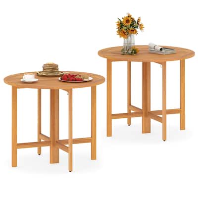 Costway 2PCS 36" Outdoor Folding Round Dining Table with Slatted - Teak - See Details