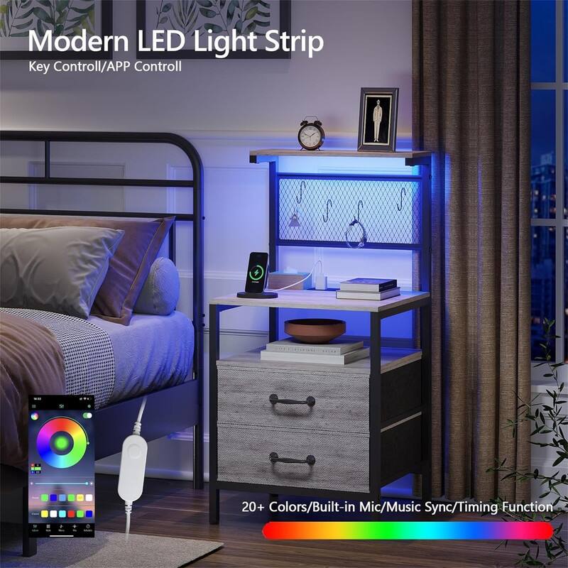 Nightstand Set of 2 with Charging Station and LED Lights