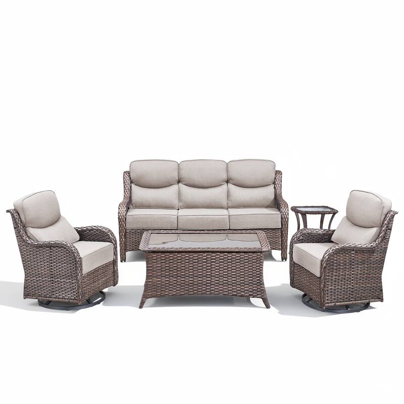 Meyreso 7-Piece Wicker Patio Conversation Set with Swivel Gliders and 6-Inch Thick Cushions