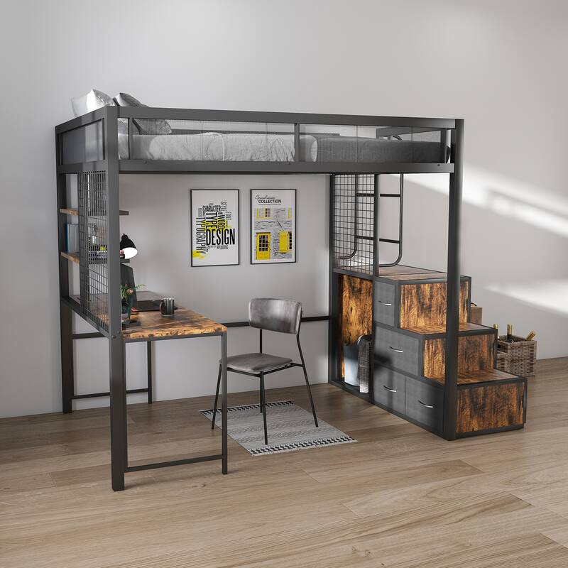 Full Loft Bed with Desk, USB Charging, Storage Drawers & Staircase - Space-Saving Black Design for Adults/Teens