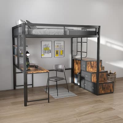 Heavy Duty Metal Loft Bed, Iron High Loft Bed Frame with Drawers, Full Size Kids Gaming Loft Bed with Desk and Charging Station