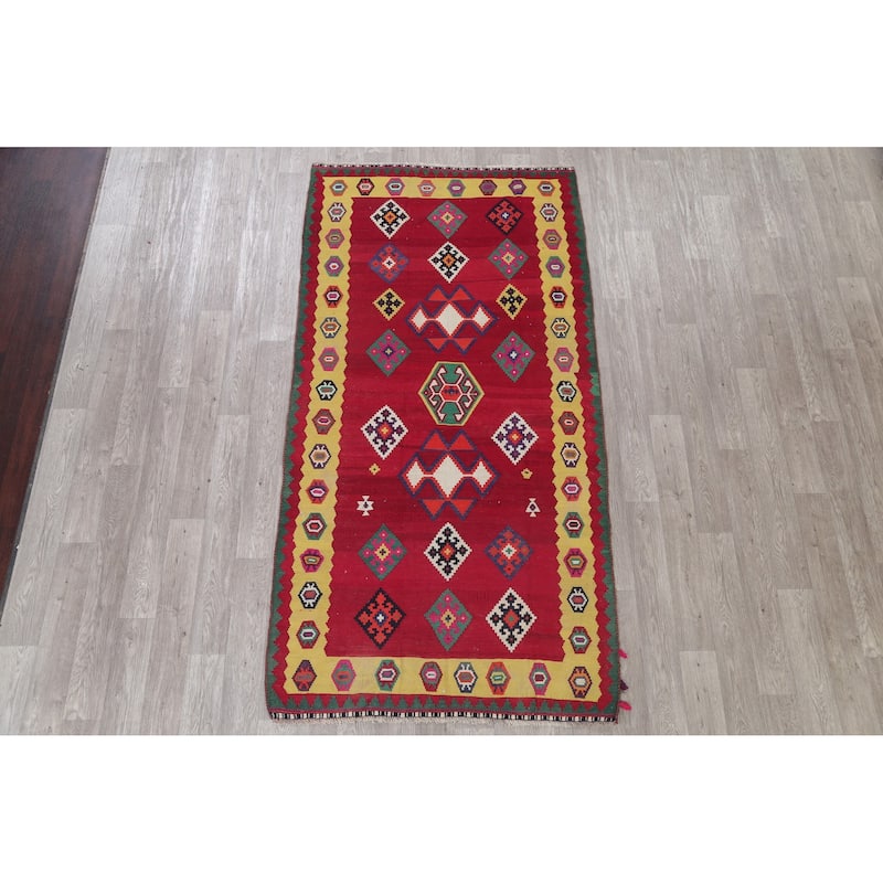 Hand Woven Oriental 100% Wool Carpet Southwestern Geometric Red Kilim Runner Rug - 8' 7'' X 4' 5''