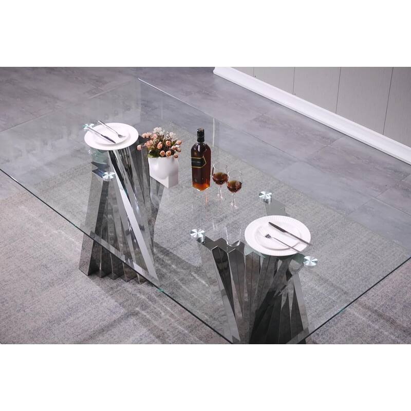 Luxury 78 inch Glass Dining Table with Mirrored Stainless Steel Base