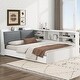 preview thumbnail 1 of 9, White L-Shaped Platform Bed with Storage Headboard with Left Shelf and 2 Drawer White
