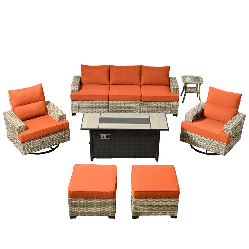 HOOOWOOO 9-piece Outdoor Wicker Furniture Swivel Rocking Chair Set with Fire Pit Table