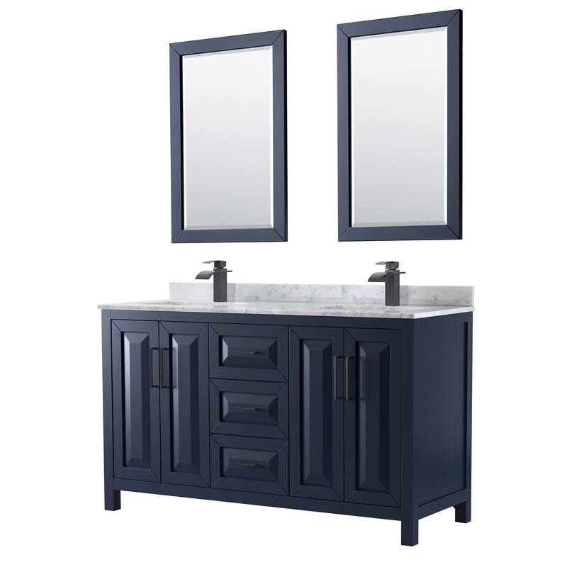 Wyndham Collection Daria 60" Free Standing Double Vanity Set with MDF - Dark Blue / White Carrara Marble Top / Matte Black - Painted