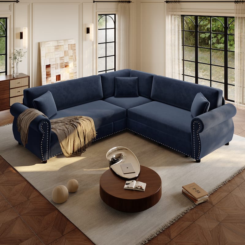 88.2" L-Shaped Sleeper Sectional Sofa with Pull-Out Bed - Chenille Convertible Couch, Nailhead Trim, for Living Room