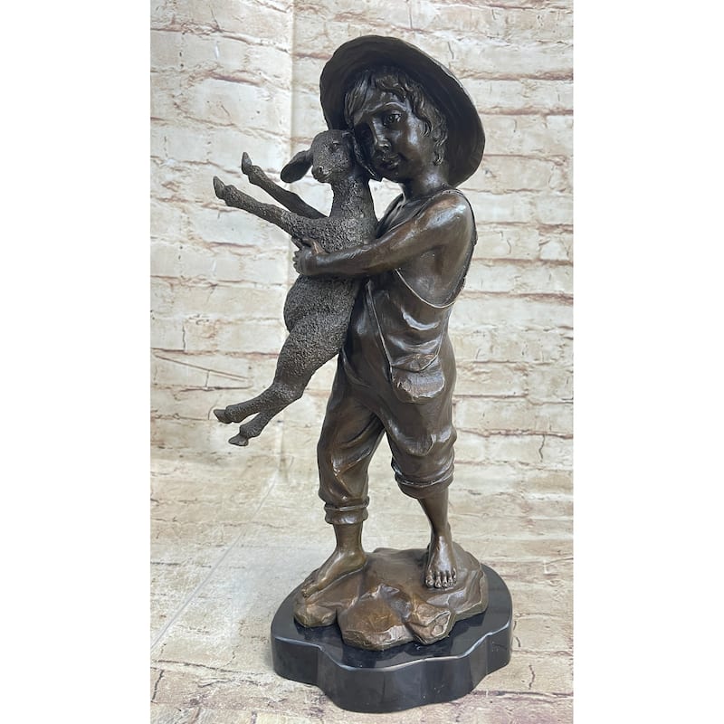 Little Boy In Hat Holding Lamb Sheep Bronze Statue Sculpture Figure Clical Decor 15 Inches X 7 Inches