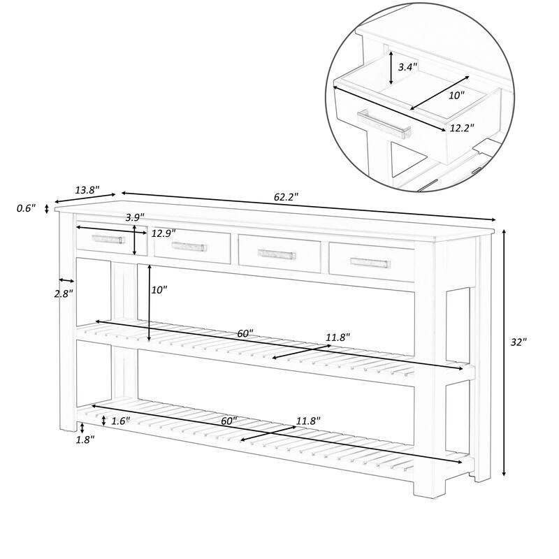 Console table with 4 drawers and 2 shelves