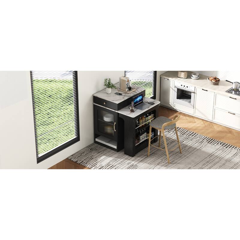 Roomfitters 59.5" Kitchen Island with 41.8" Extendable Dining Table, Double-Sided Storage, Power Outlet, 2 Drawers