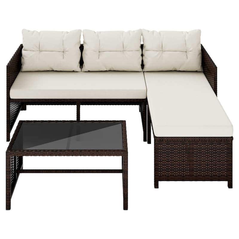3-Piece Outdoor Wicker Sectional Sofa Set, Patio Furniture with Chaise Lounge & Coffee Table - N/A