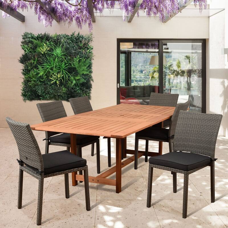 7-Piece Brown and Gray Damian Eucalyptus Rectangular Patio Dining Set 92.5"