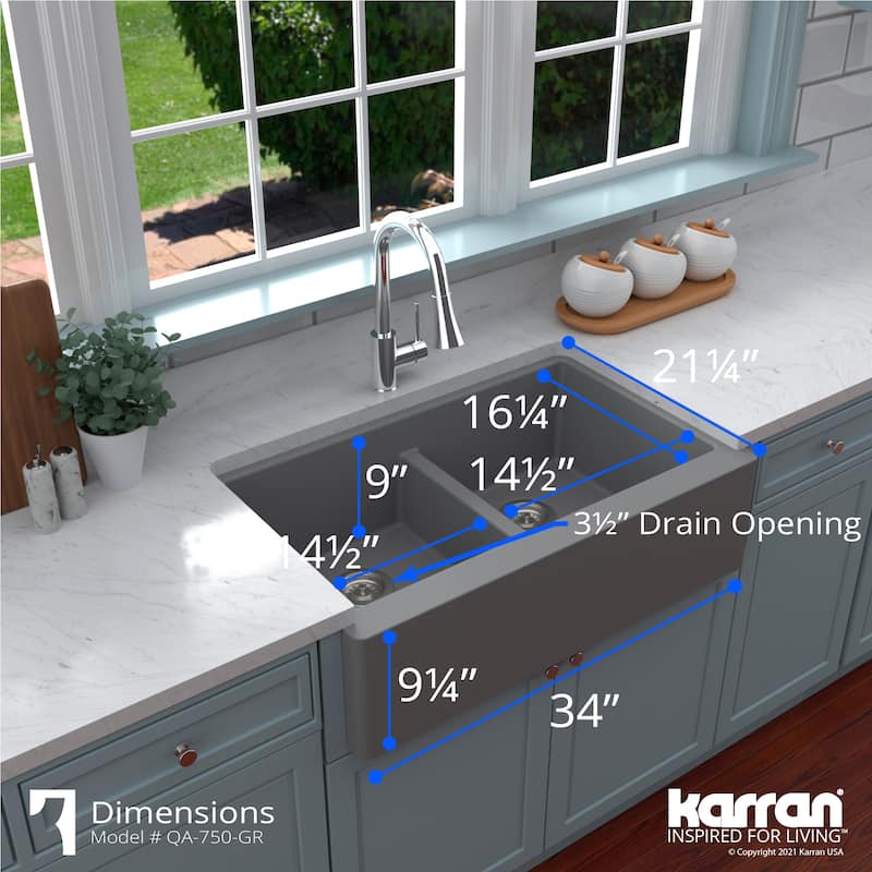 Karran Farmhouse Apron Front Quartz Double Bowl Kitchen Sink