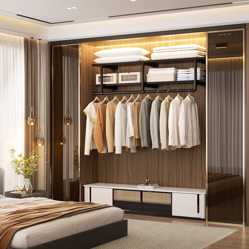 Floating Pipe Heavy-Duty Garment Rack, Wall-Mounted Closet Organizer with Storage Shelves