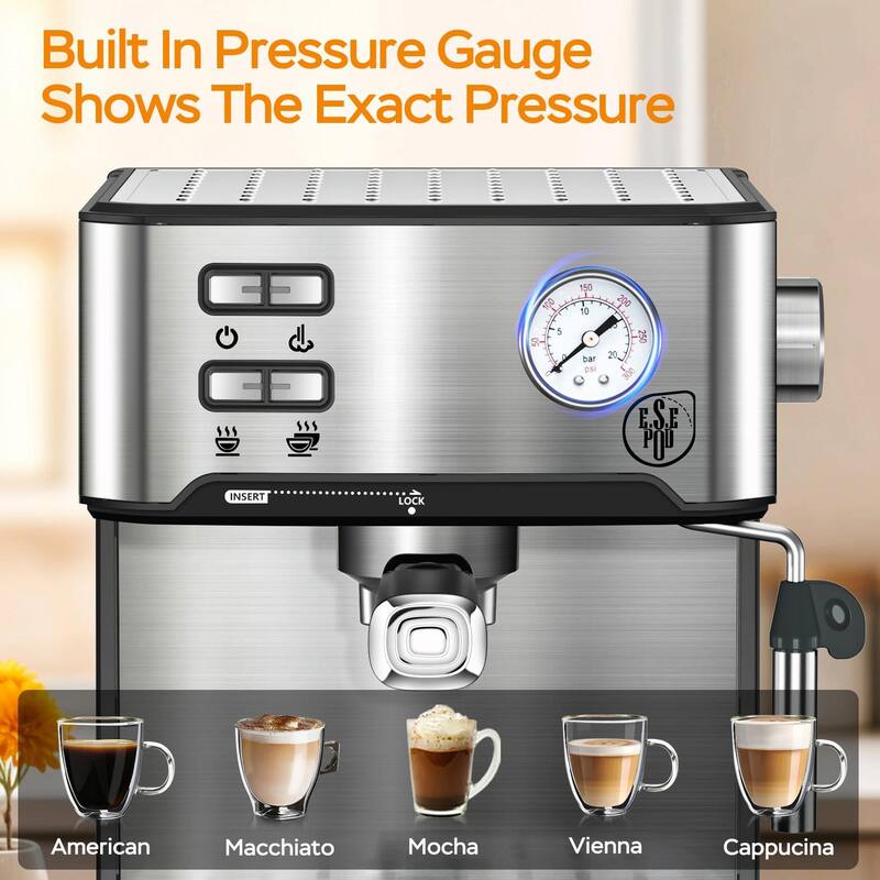 20 Bar Professional Espresso Machine with Milk Frother, Single & Double Shot, ESE Pod Compatible, Pressure Display