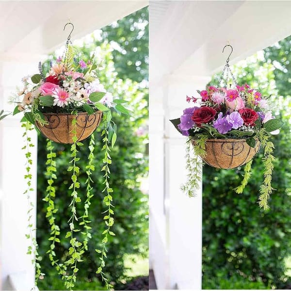 Artificial Faux Hanging Flowers Plants in Basket for Outdoor, Orange Mix  Silk Chrysanthemum Hydrangea Hanging Planter - Bed Bath & Beyond - 40502046