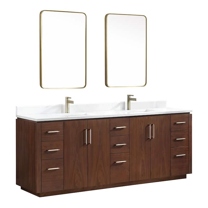 San Double Bath Vanity with Composite Stone Top and Mirror - 84in. - Natural Walnut