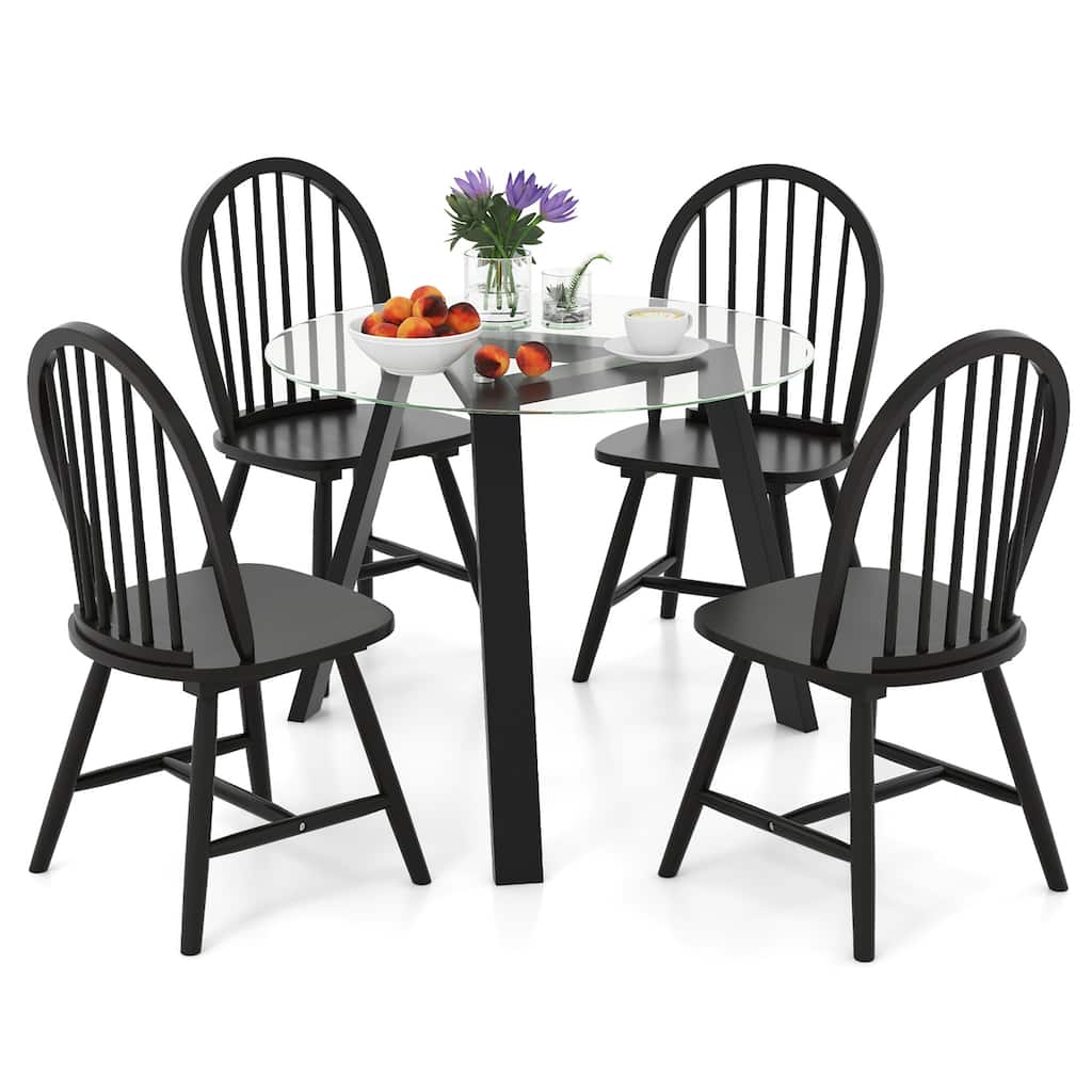 Gymax 5 PCS Dining Set for 4 Round Table w/ 4 Chairs Solid Rubber Wood