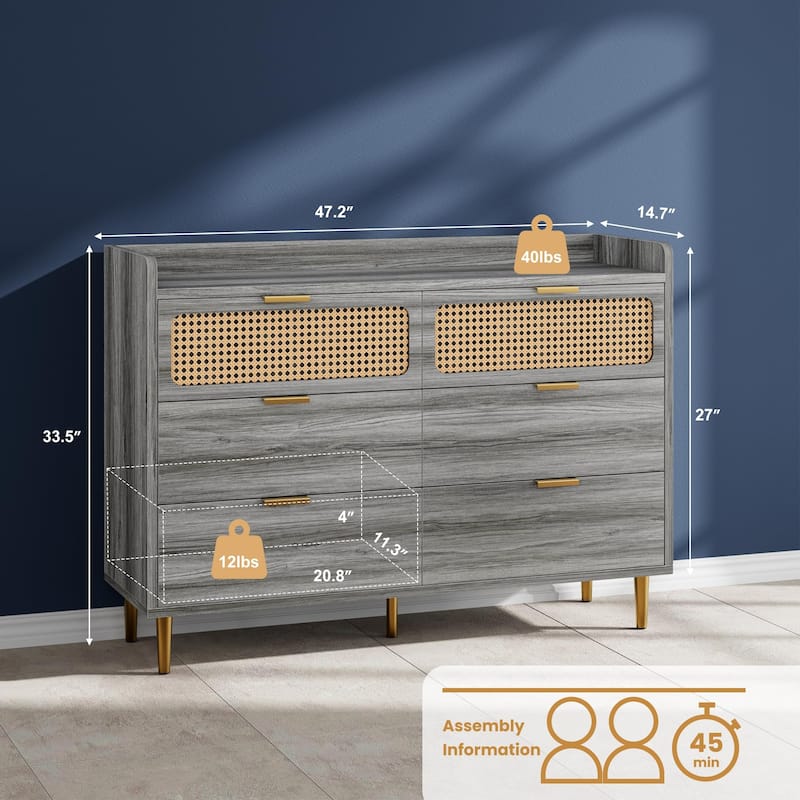 6 Drawer Double Dresser for Bedroom, Modern Chest of Drawers with Rattan Accents & Metal Legs