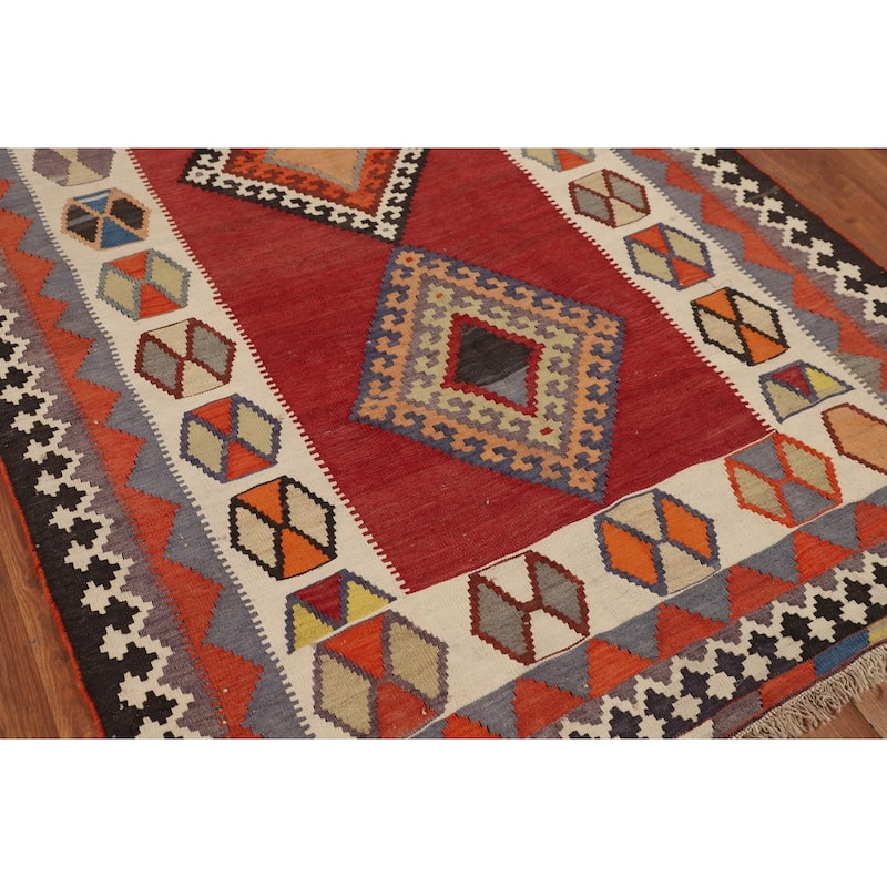 Kilim Qashqai Persian Vintage Rug Flatweave Tribal Red Wool Carpet - 4'5"x 8'1"