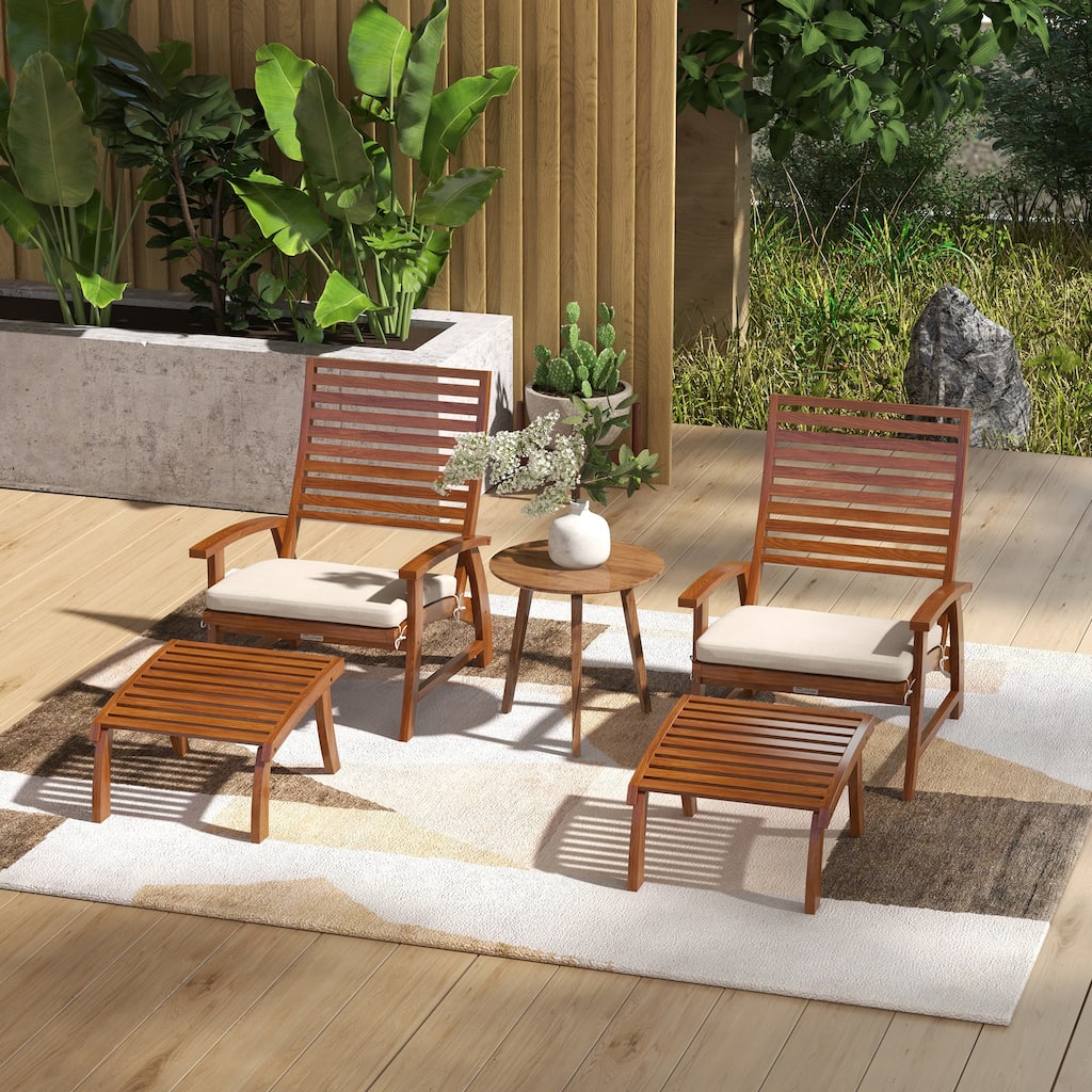 4 Piece Acacia Wood Garden Furniture Set with Chairs and Footstools Cushioned Outdoor Patio Seating for Garden and Patio
