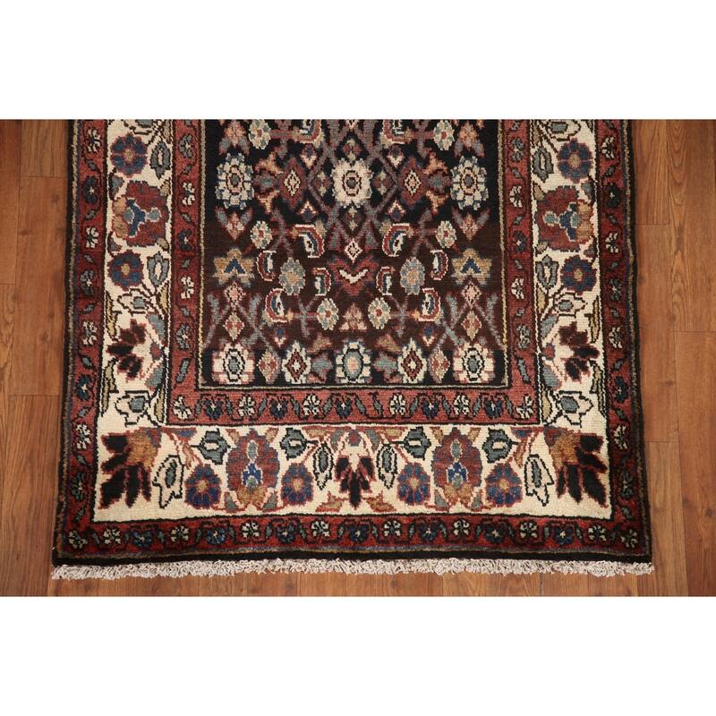 Hand Knotted Oriental 100% Wool Carpet Traditional Geometric Black Malayer Runner Rug - 10' 3'' X 3' 4''