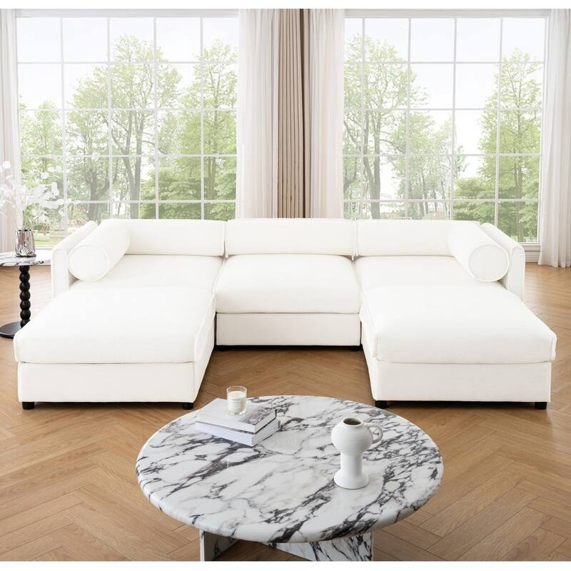 Modern 3-seater Chenille Sectional Sofa with Hidden Storage Seats & Ottoman