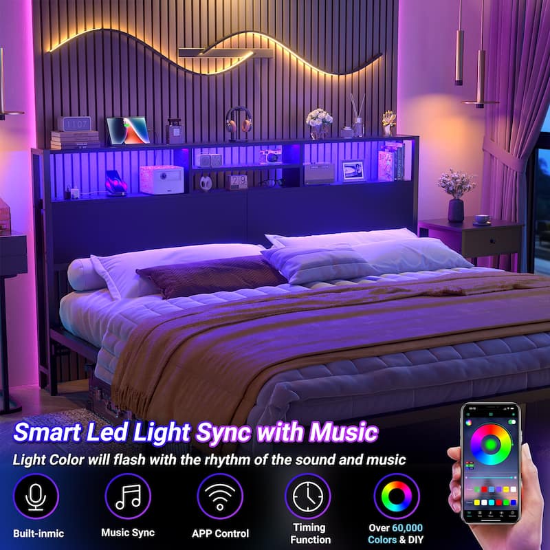 Headboard with Storage and Charge Station, Platform Bed Heaboard with LED Lights