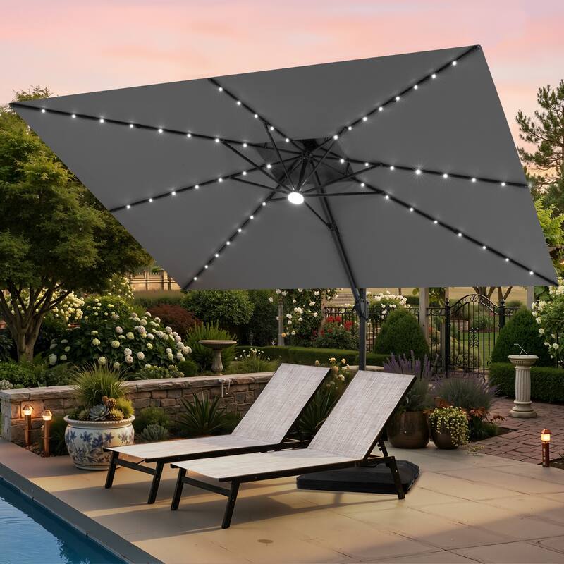 12 x 9 FT Outdoor Patio Cantilever Umbrella with Solar Lights Double Canopy 360 Rotation Tilt with Base - Dark Grey