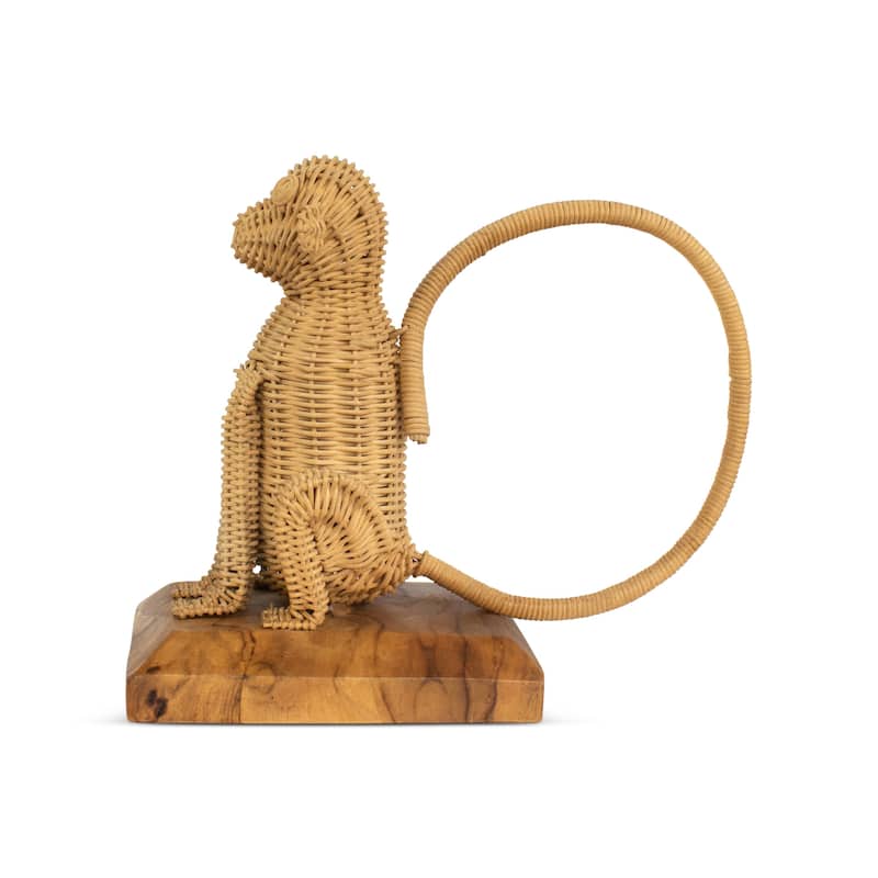 Rattan Monkey Sculpture - Hand Woven Animal Figurine on Wood Stand, Tropical Boho Decor - 10.5" wide x 10" tall x 5" deep