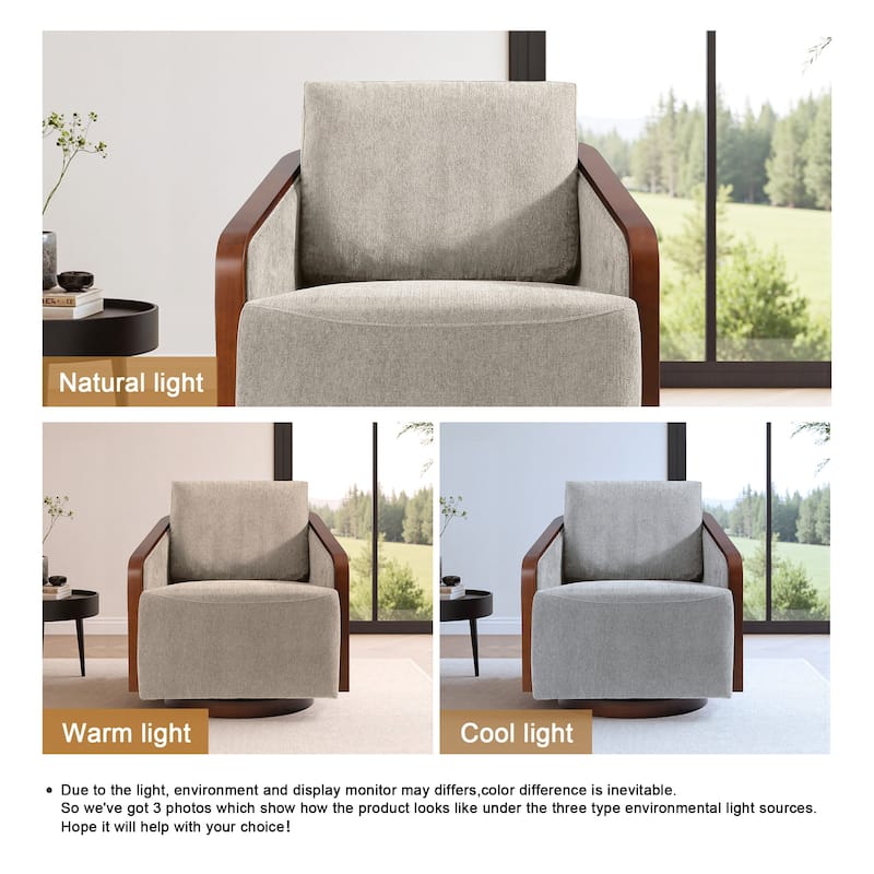 Upholstered Swivel Barrel Chair with Curved Wood Arms