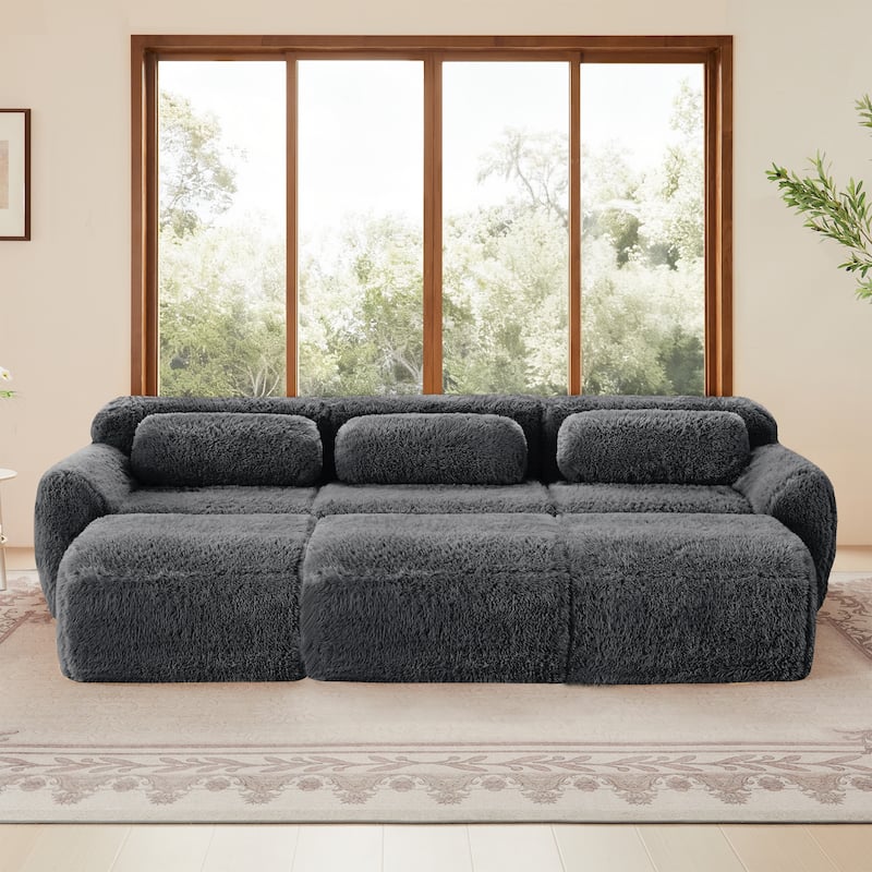 3-Seater Soft Plush Fabric,Movable Ottoman Free Combination,Bottom Anti-Slip Design