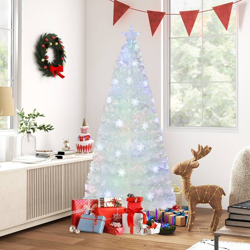 6 Feet Pre-Lit White Artificial Christmas Tree with Iridescent Leaves