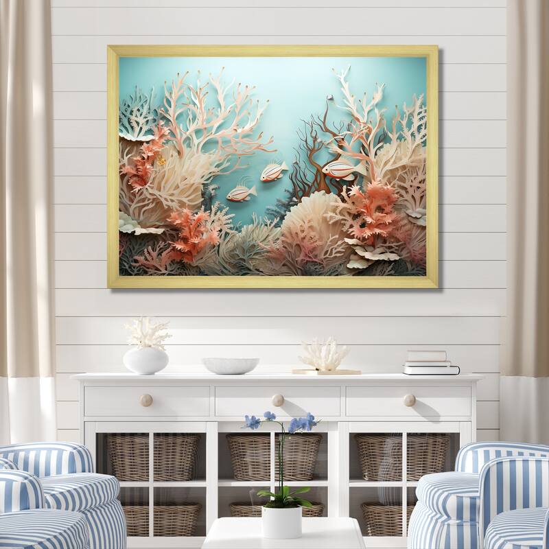 Designart "Watercolor Fish Dance Collage " Coastal Coral Under Water Framed Wall Art Prints - 32 in. wide x 24 in. high - Gold