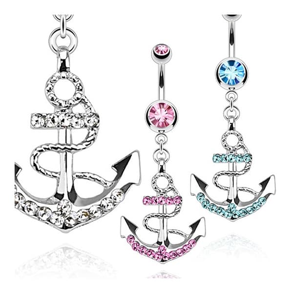 Anchor Gemmed Dangle Navel Belly Button Ring 316L Surgical Steel