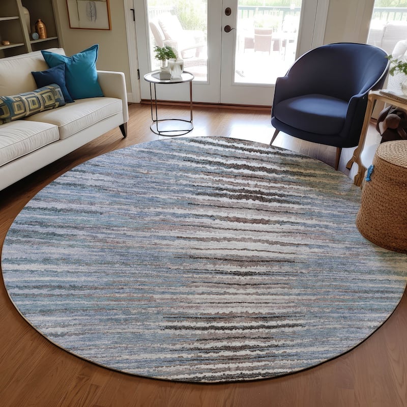 Machine Washable Indoor/ Outdoor Chantille Jagged Stripes Rug - Sky - 8' x 8'