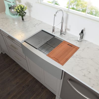 Apron-Front Stainless Steel 33 in. 16-Gauge Single Bowl Farmhouse Kitchen Sink with Workstation - 33" L x 22" W x 10" D