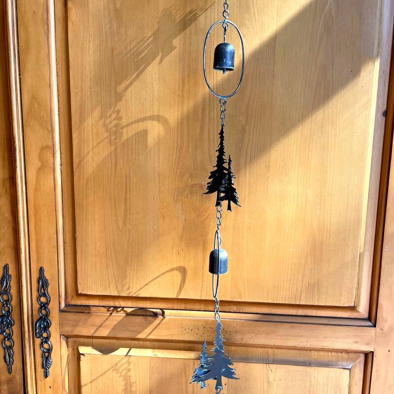 70" Metal Rain Chain - Forest Trees & Zen Bells, Aged Verdigris, 3.25" - 3.25 X 70 X 0.25 inches