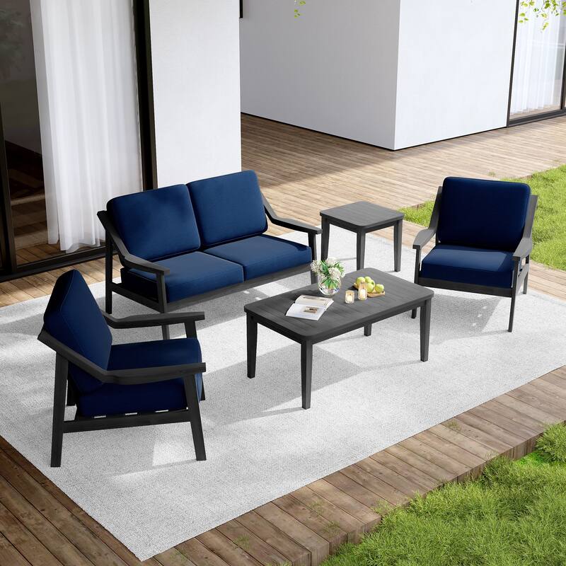 Outdoor Conversation Set Patio Cushioned Chair, Loveseat with Tables - Dark Wood - Navy