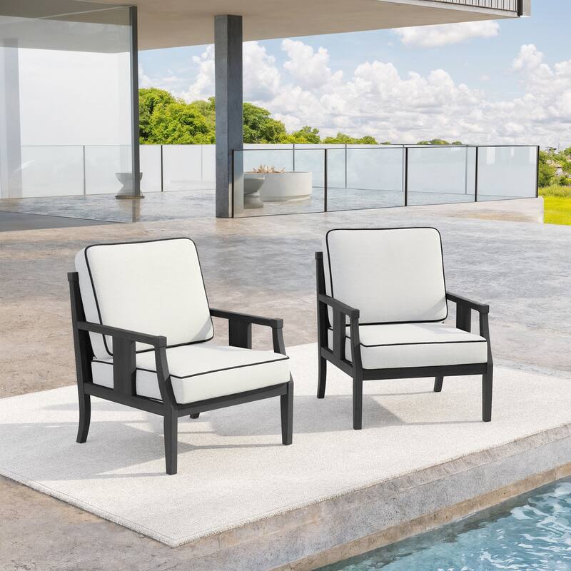 Set of 2 Outdoor Teak Wood Armchairs with Cushions, Patio Club Chairs