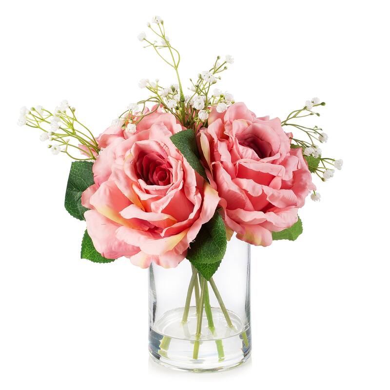 Enova Home 4 Large Silk Rose Flowers in Clear Glass Vase with Faux Water for Home Office Decoration