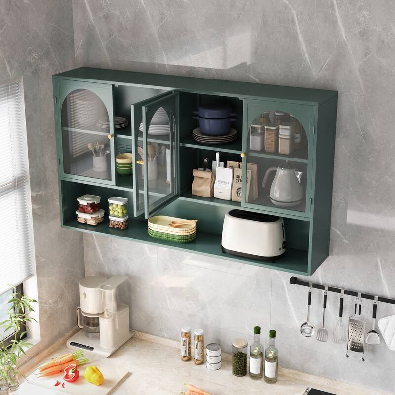 47.25" Four-door Glass Wall Cabinet Storage, Wall-mounted,Suitable for Kitchen, Living Room, Bathroom(Dark green)