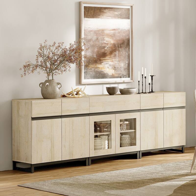 WAMPAT Modern Sideboard with Adjustable Shelves and Drawer, 3 in 1 Storage Cabinet with Glass Doors for Living Room, Kitchen - 94.5 inches - Beige