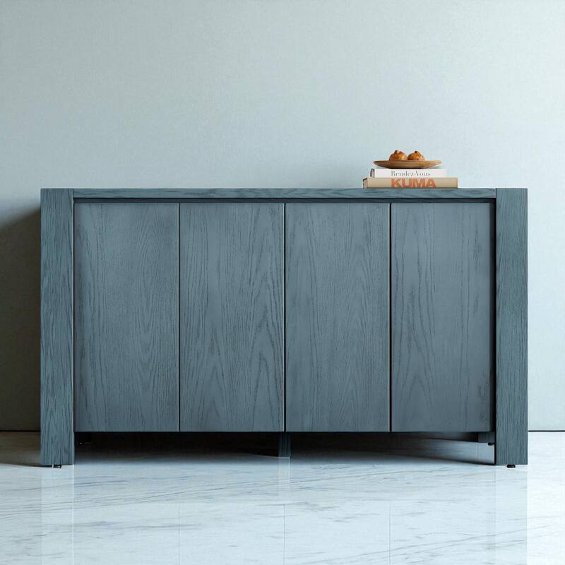 59" 4-Door Retro Wood Sideboard Buffet Cabinet with Distressed Finish and Adjustable Shelves - Navy