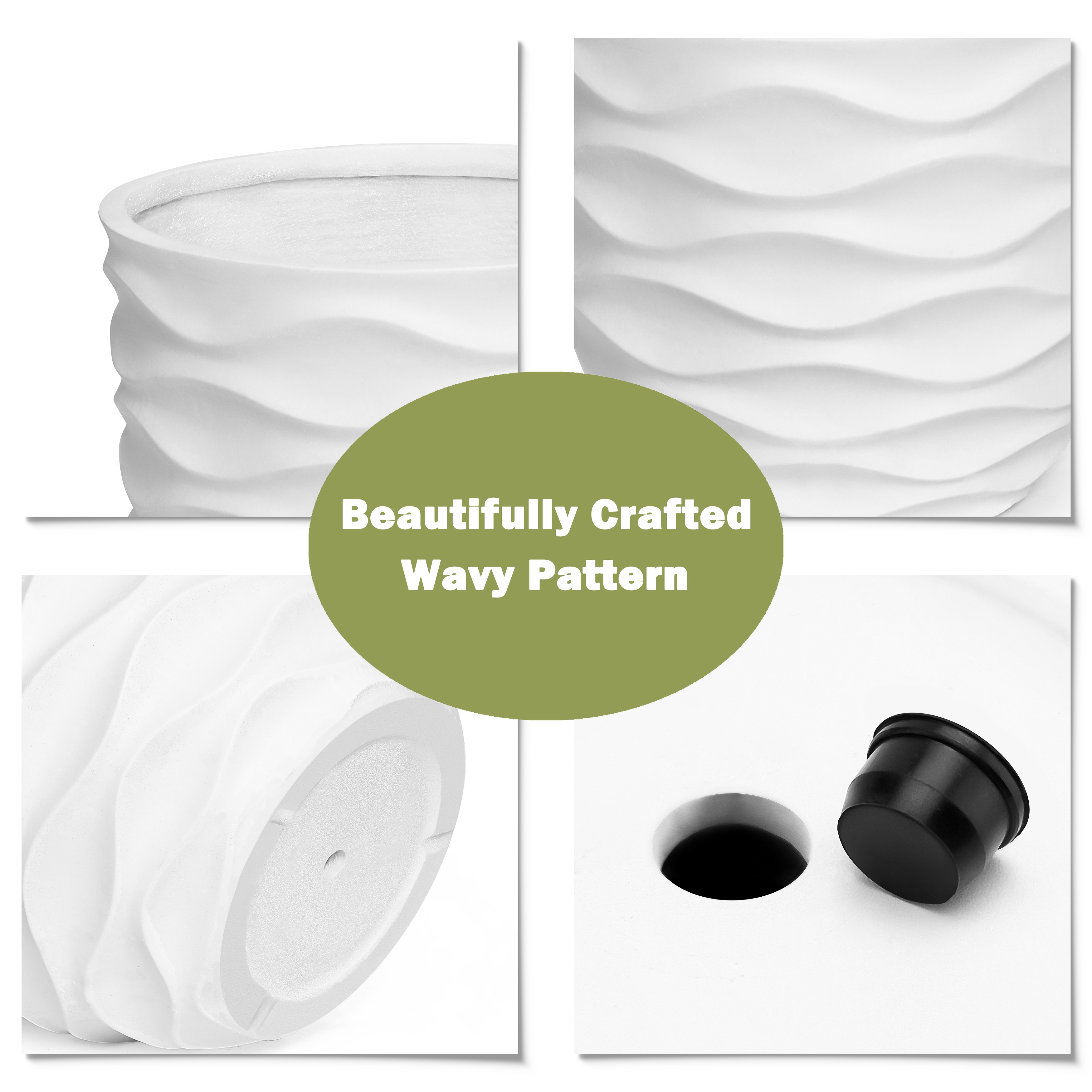 White Horizontal Waves Round MgO Indoor/Outdoor Planter - 11.61" H x 13.39" Diameter