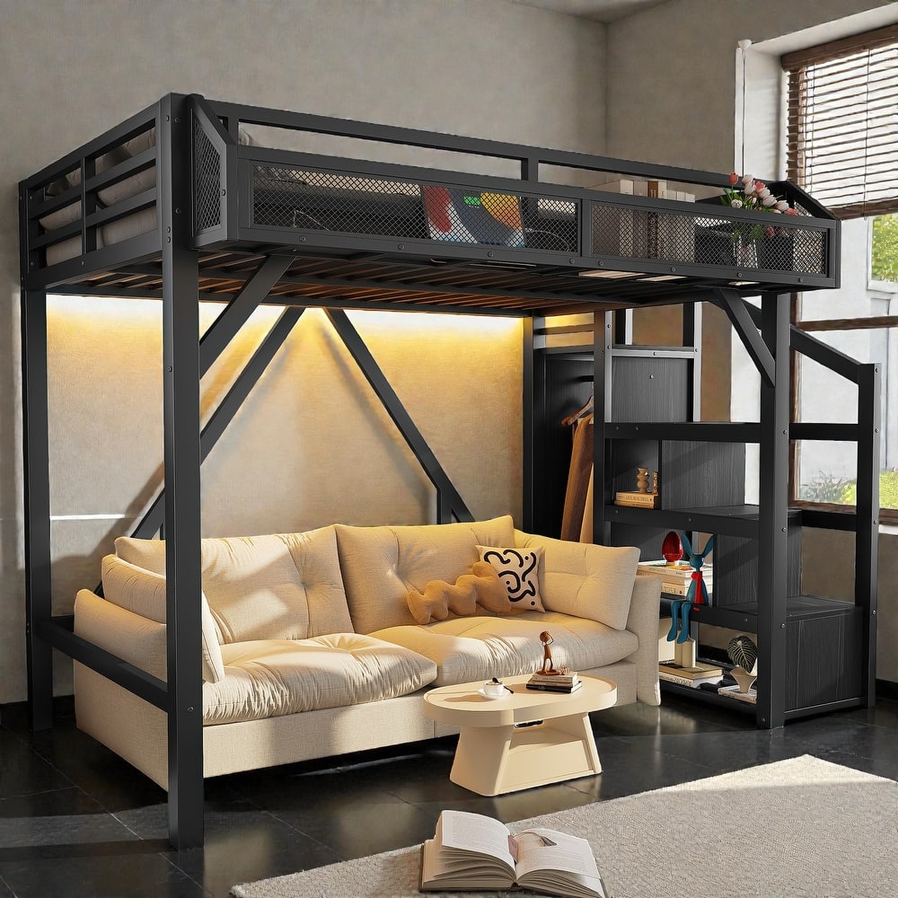 Metal Loft Bed with Storage Stairs, Wardrobe and Shelves, USB Ports and LED Lights, Noise Reduced Frame